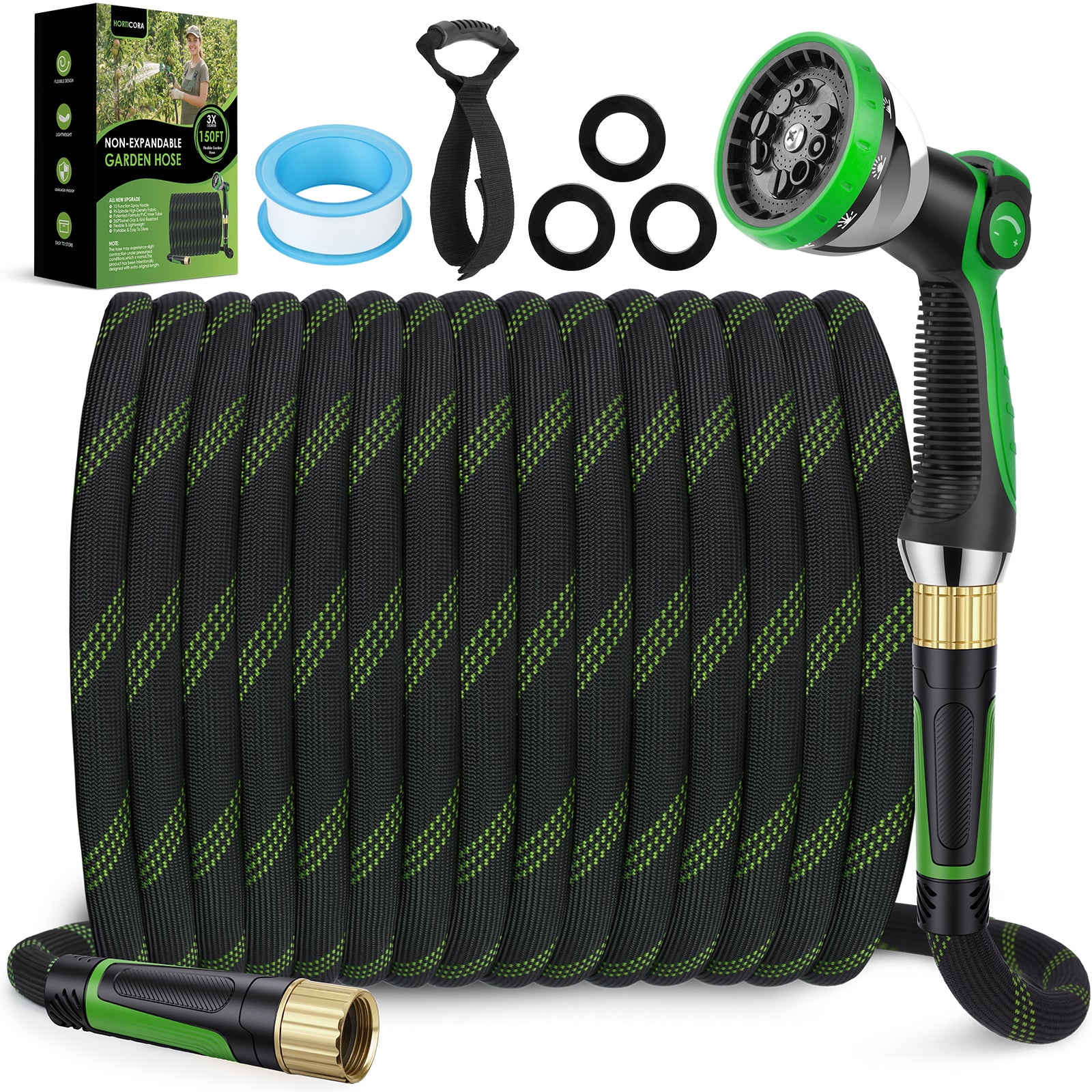 HORTICORA Garden Hose 150 ft, Non-Expandable Ultra-Lightweight Flexible Hose with 360° Dual-End Anti-Kink Design, 10-Pattern Spray Nozzle, 500 PSI Leak-Proof, 96-Strand Braided Fabric, Storage Strap