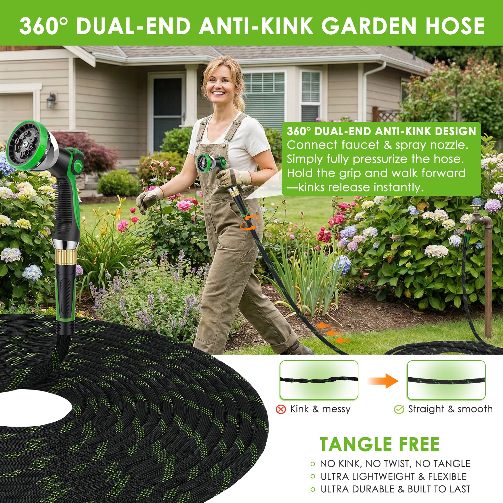HORTICORA Garden Hose 100 ft, Non-Expandable Ultra-Lightweight Flexible Hose with 360° Dual-End Anti-Kink Design, 10-Pattern Spray Nozzle, 500 PSI Leak-Proof, 96-Strand Braided Fabric, Storage Strap