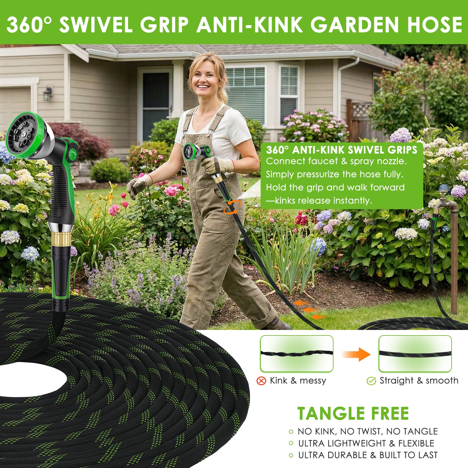 HORTICORA Garden Hose 150 ft, Non-Expandable Ultra-Lightweight Flexible Hose with 360° Dual-End Anti-Kink Design, 10-Pattern Spray Nozzle, 500 PSI Leak-Proof, 96-Strand Braided Fabric, Storage Strap