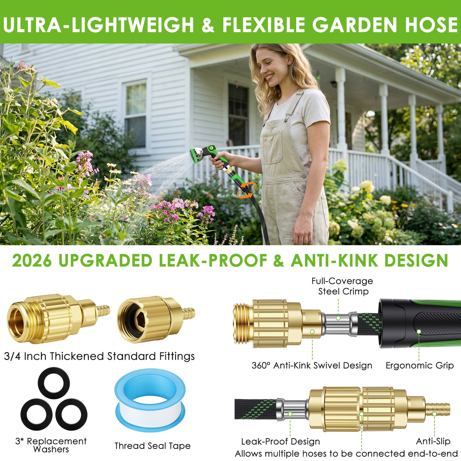 HORTICORA Garden Hose 150 ft, Non-Expandable Ultra-Lightweight Flexible Hose with 360° Dual-End Anti-Kink Design, 10-Pattern Spray Nozzle, 500 PSI Leak-Proof, 96-Strand Braided Fabric, Storage Strap