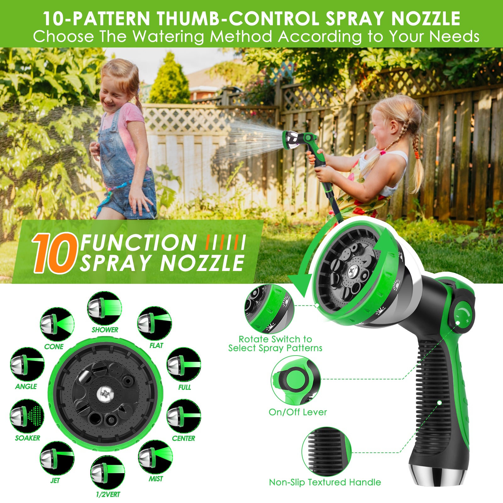HORTICORA Garden Hose 150 ft, Non-Expandable Ultra-Lightweight Flexible Hose with 360° Dual-End Anti-Kink Design, 10-Pattern Spray Nozzle, 500 PSI Leak-Proof, 96-Strand Braided Fabric, Storage Strap
